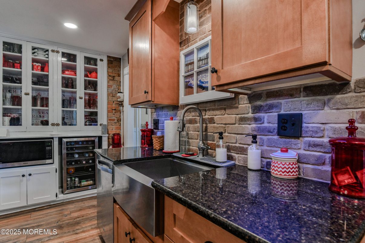 Interior, Kitchen, Recessed Lighting, Stone Walls, Wood Texture Flooring