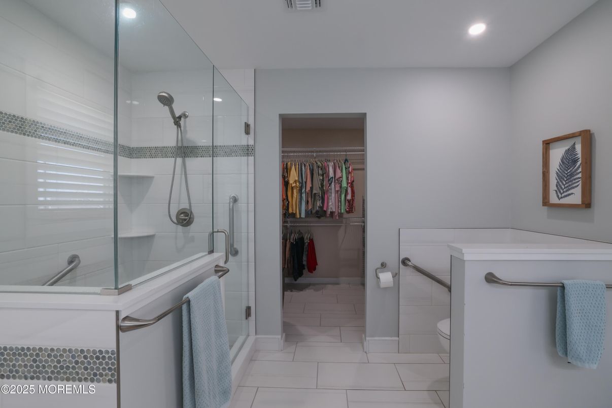 Bathroom, Glass Shower, Interior, Marble, Recessed Lighting, Walk-in Closets