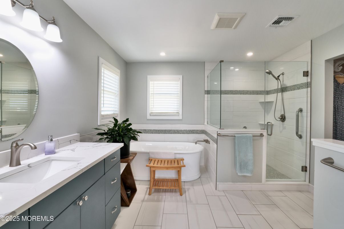 Bathroom, Dual Sink Vanities, Glass Shower, Interior, Recessed Lighting