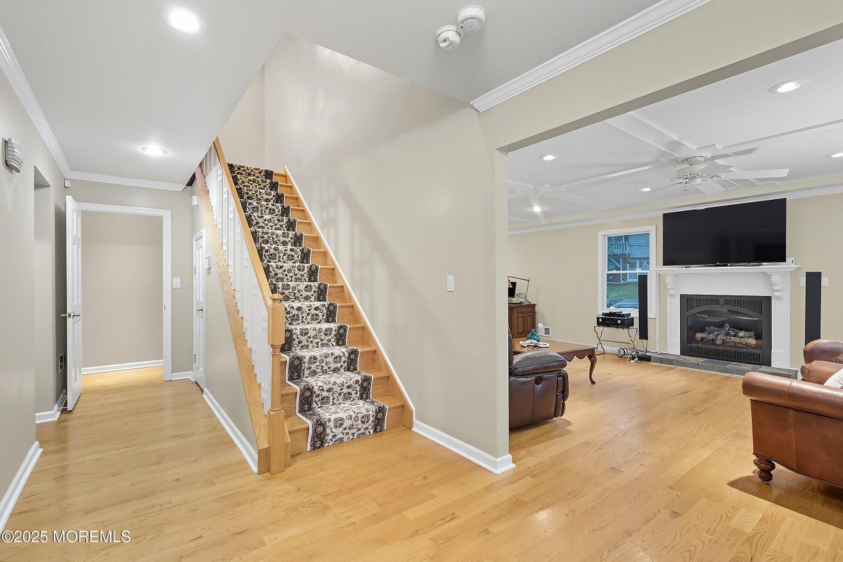 Fireplace, Interior, Recessed Lighting, Wood Texture Flooring