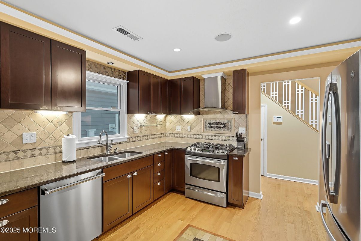 Interior, Kitchen, Recessed Lighting, Stainless Steel Appliances, Wood Texture Flooring
