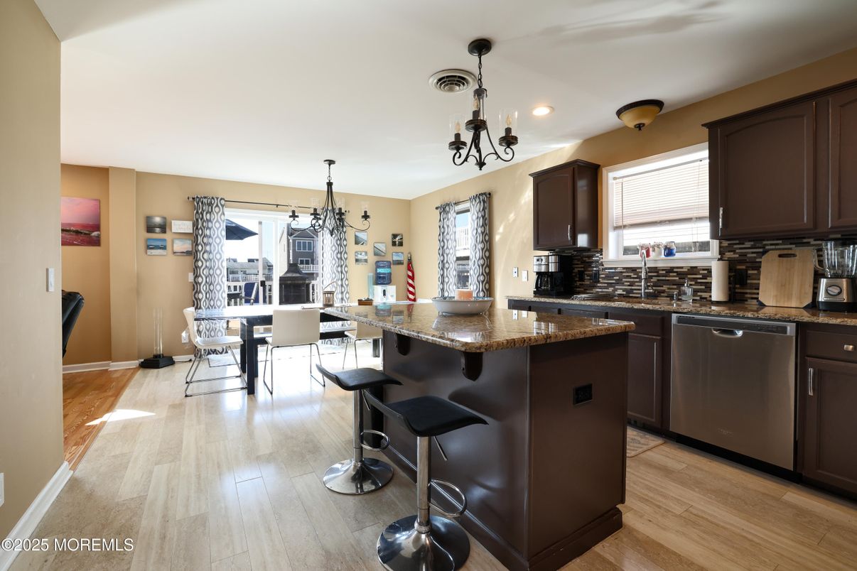 Chandelier, Dining room, Interior, Kitchen, Recessed Lighting, Wood Texture Flooring