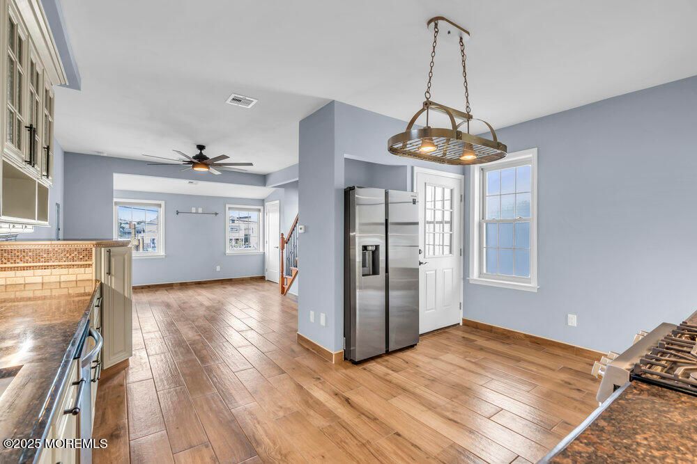 Interior, Kitchen, Pendant Lights, Stainless Steel Appliances, Wood Texture Flooring