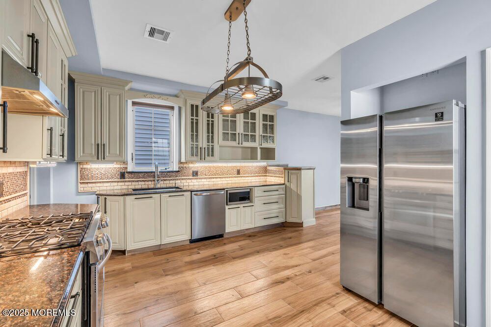 Interior, Kitchen, Pendant Lights, Stainless Steel Appliances, Wood Texture Flooring