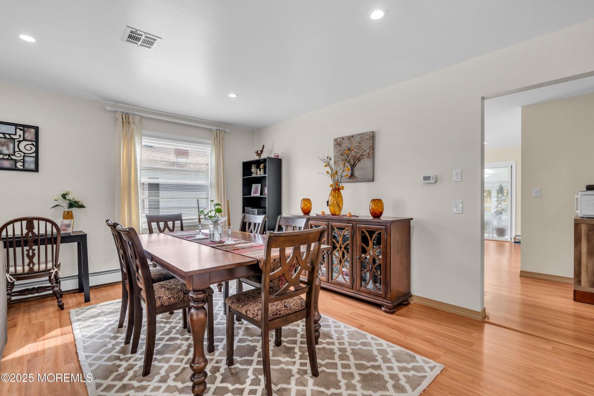 Dining room, Interior, Recessed Lighting, Wood Texture Flooring
