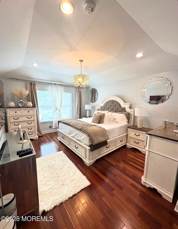 Bedroom, Chandelier, Interior, Recessed Lighting, Wood Texture Flooring