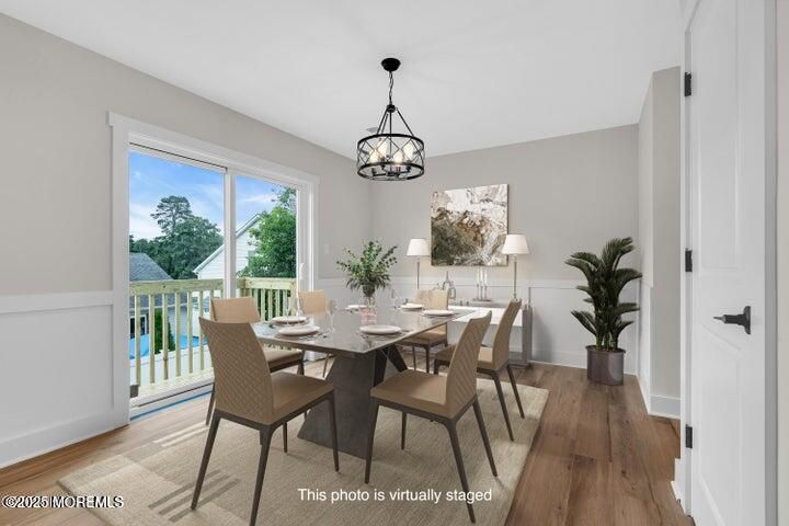 Dining room, Interior, Pendant Lights, Wood Texture Flooring