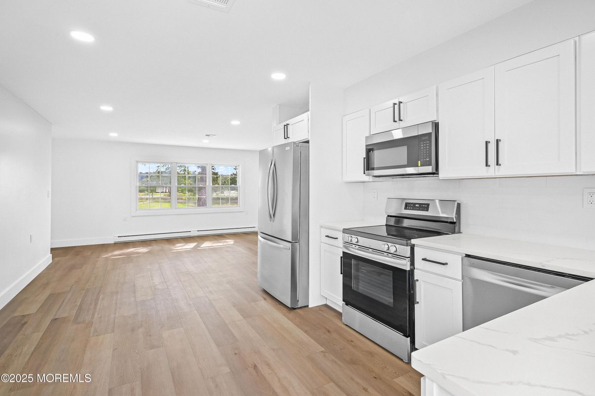 Interior, Kitchen, Recessed Lighting, Stainless Steel Appliances, Wood Texture Flooring