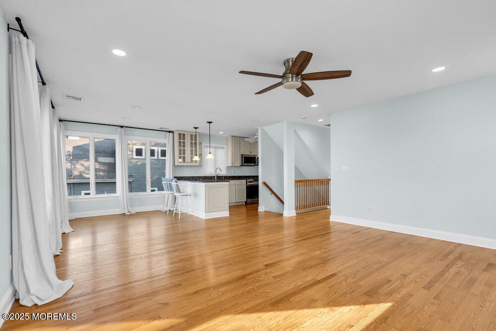 Empty room, Interior, Kitchen, Pendant Lights, Recessed Lighting, Wood Texture Flooring