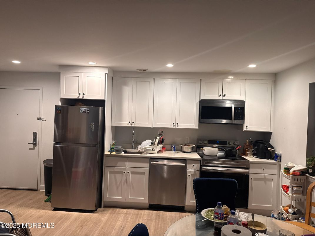 Interior, Kitchen, Recessed Lighting, Stainless Steel Appliances, Wood Texture Flooring