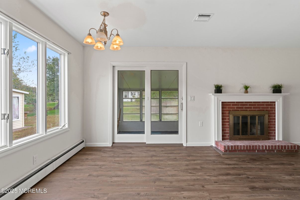 Chandelier, Empty room, Fireplace, Interior, Wood Texture Flooring