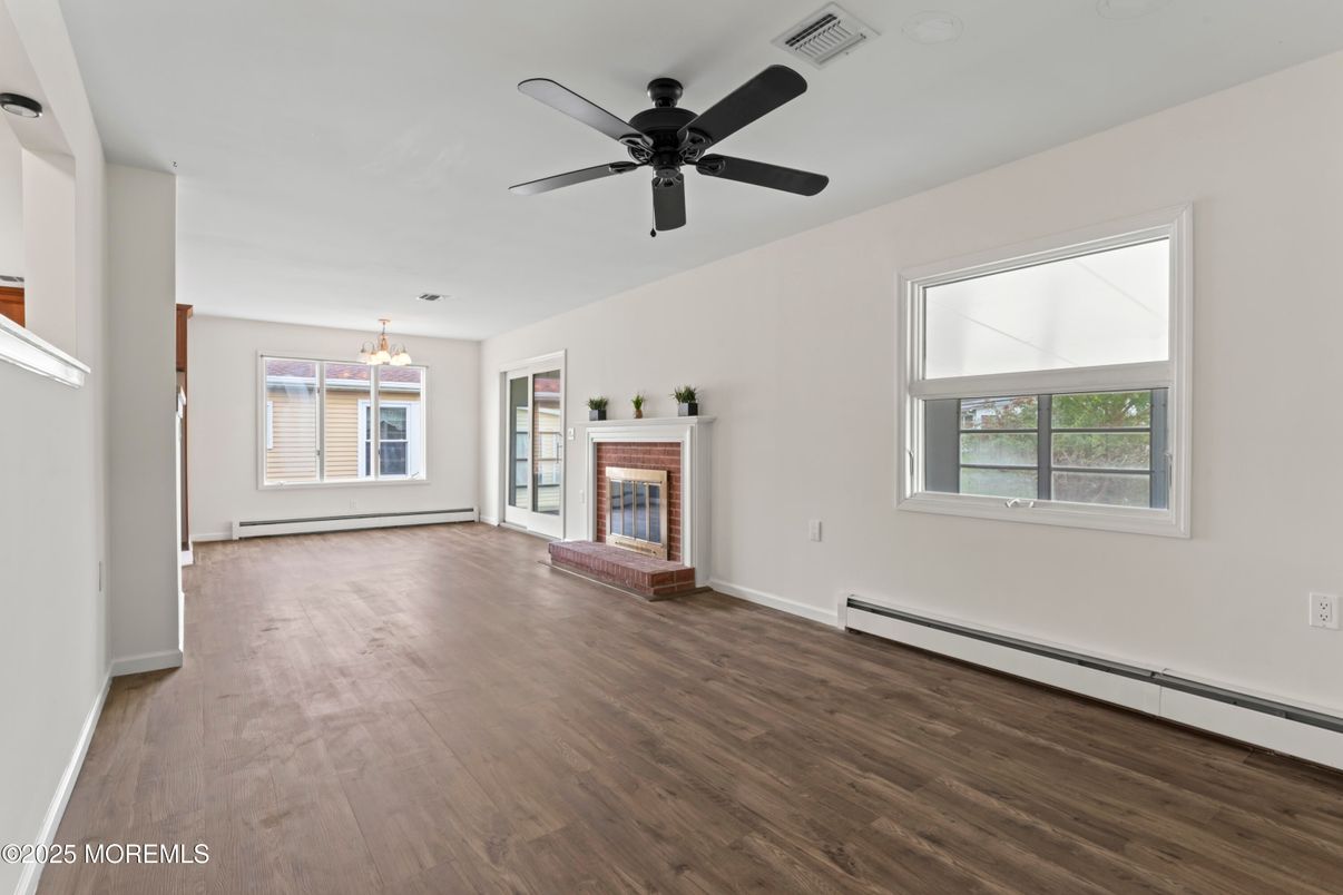 Empty room, Fireplace, Interior, Pendant Lights, Wood Texture Flooring