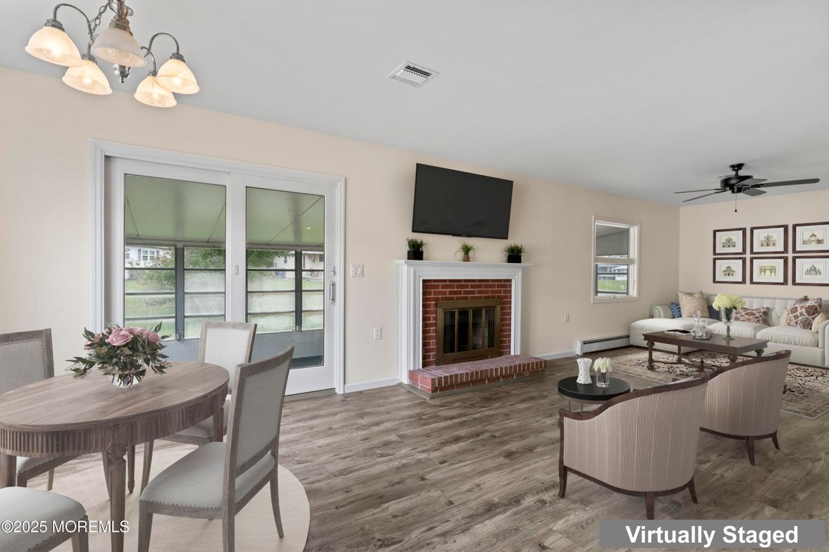 Dining room, Fireplace, Interior, Living room, Wood Texture Flooring