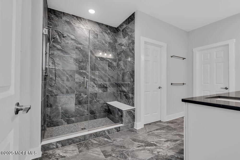 Bathroom, Glass Shower, Interior, Recessed Lighting, Stone Walls