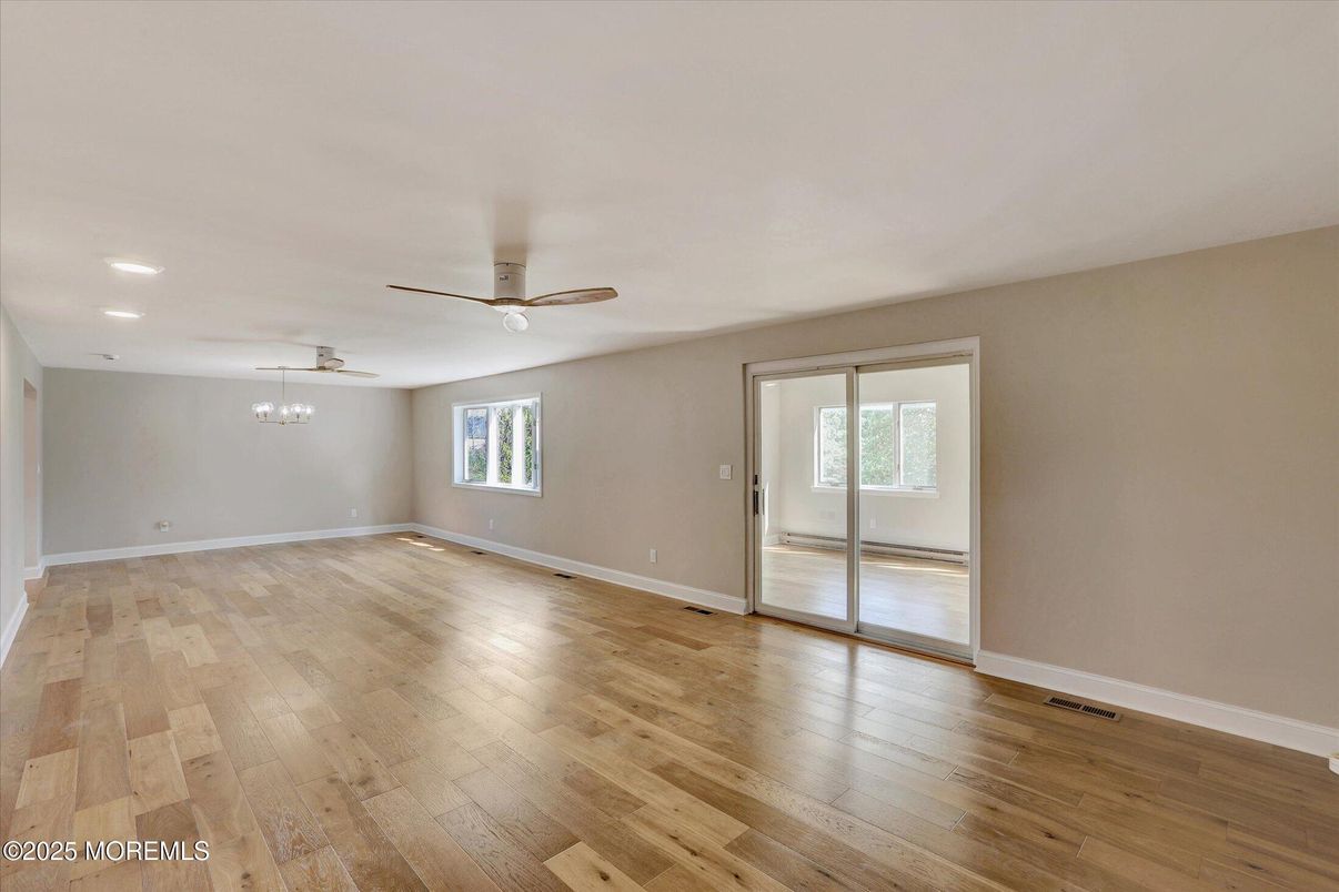 Chandelier, Empty room, Interior, Recessed Lighting, Wood Texture Flooring