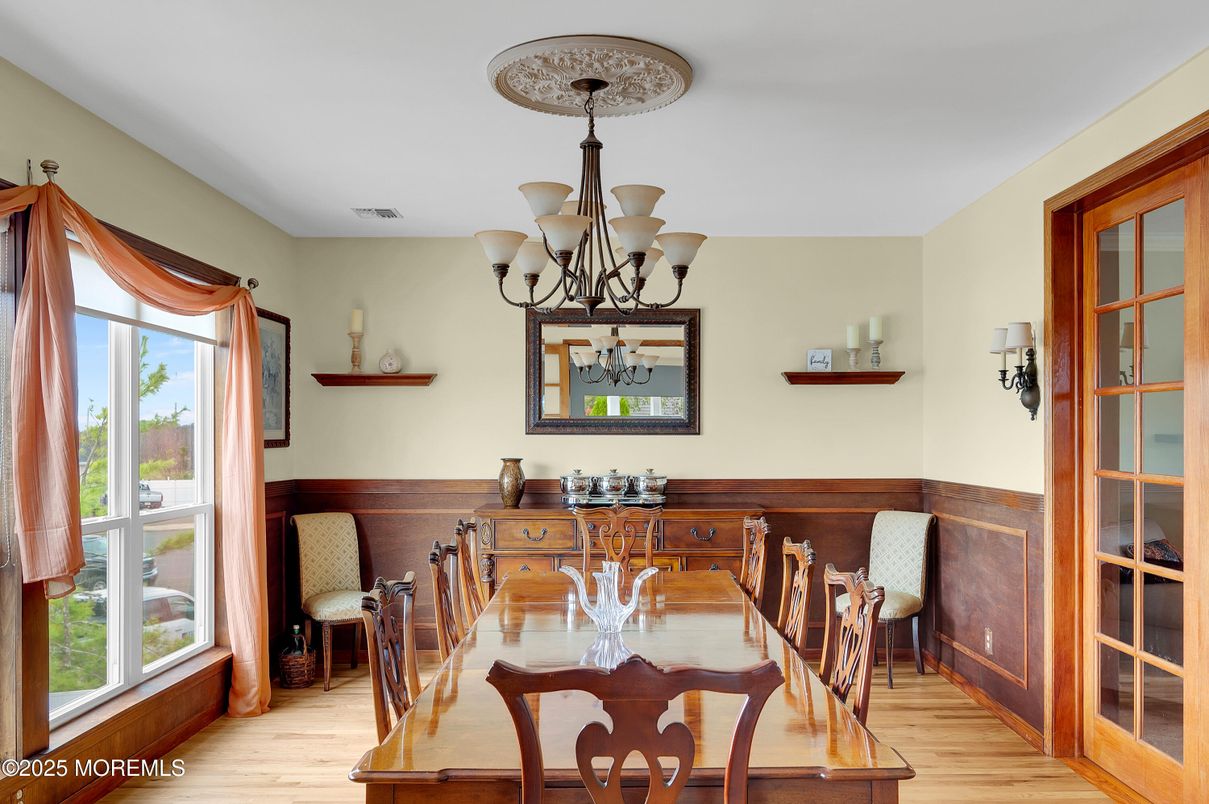 Chandelier, Dining room, Interior, Wood Texture Flooring