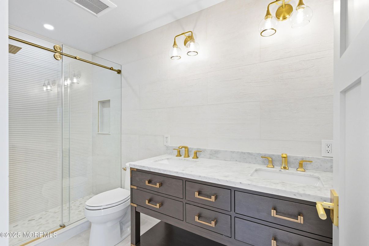 Bathroom, Dual Sink Vanities, Glass Shower, Interior, Recessed Lighting