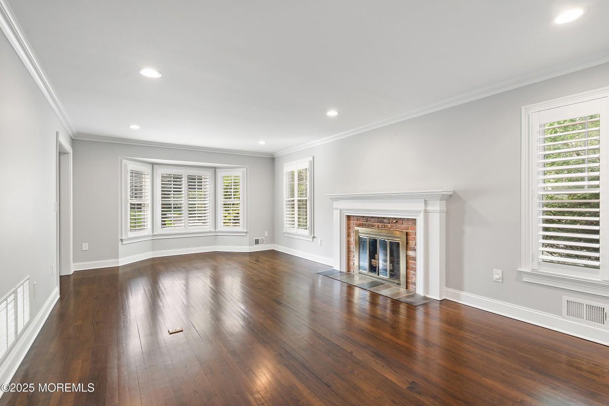 Empty room, Fireplace, Interior, Recessed Lighting, Wood Texture Flooring