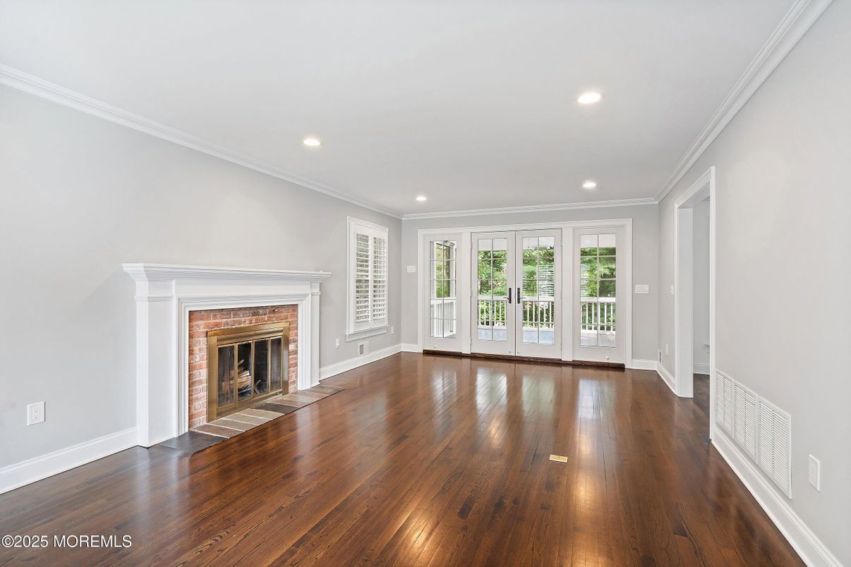 Empty room, Fireplace, Interior, Recessed Lighting, Wood Texture Flooring