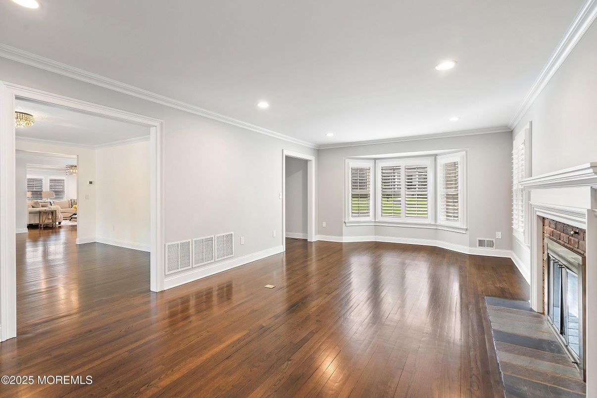 Empty room, Fireplace, Interior, Recessed Lighting, Wood Texture Flooring