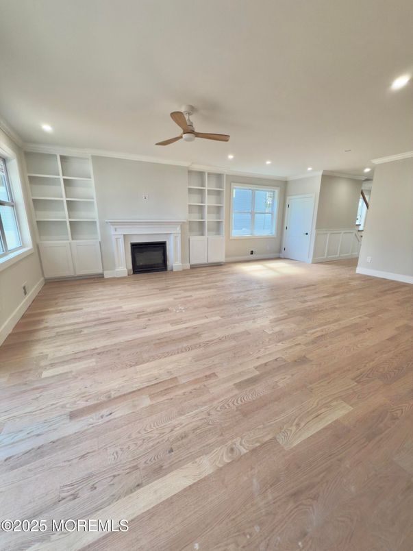 Empty room, Fireplace, Interior, Recessed Lighting, Wood Texture Flooring