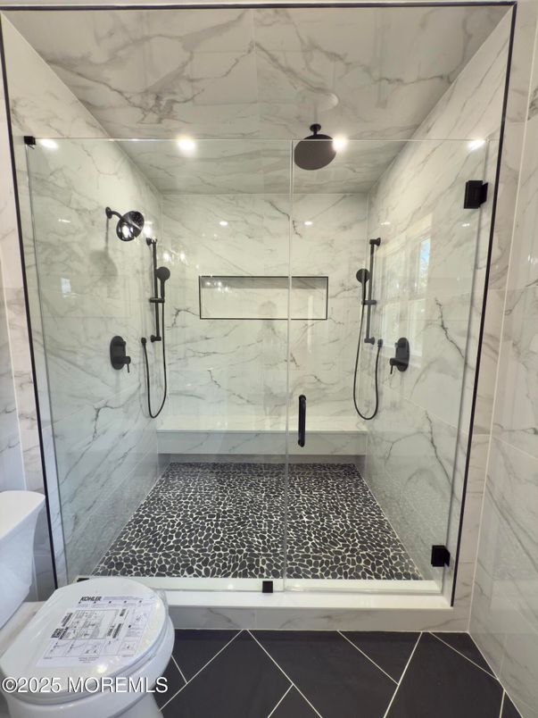 Bathroom, Glass Shower, Interior, Marble Walls, Recessed Lighting