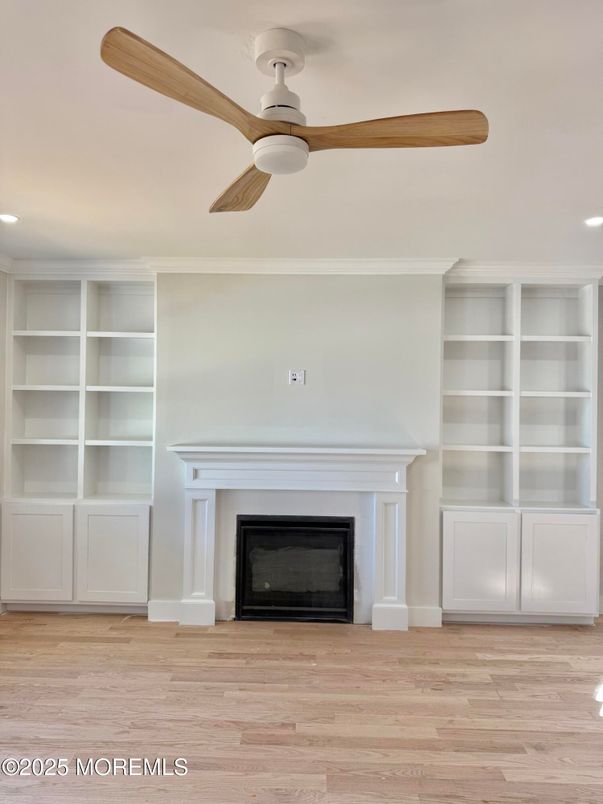 Empty room, Fireplace, Interior, Recessed Lighting, Wood Texture Flooring