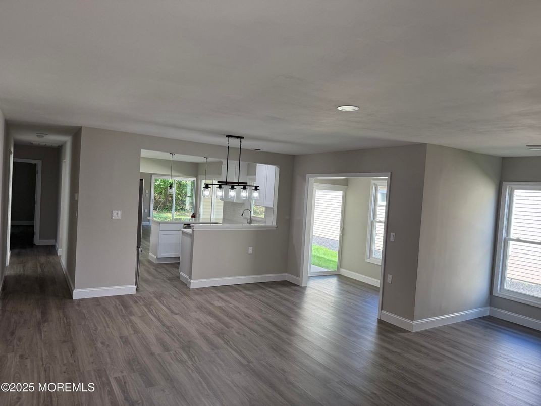 Empty room, Interior, Kitchen, Pendant Lights, Recessed Lighting, Wood Texture Flooring