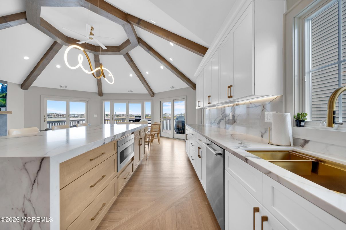 Interior, Kitchen, Pendant Lights, Recessed Lighting, Stainless Steel Appliances, Wooden Beams, Wood Texture Flooring