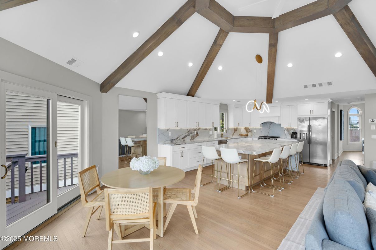 Dining room, Interior, Kitchen, Recessed Lighting, Stainless Steel Appliances, Wooden Beams, Wood Texture Flooring