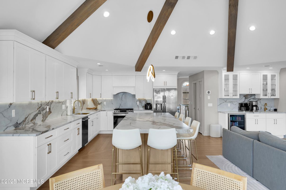 Interior, Kitchen, Recessed Lighting, Stainless Steel Appliances, Wooden Beams, Wood Texture Flooring