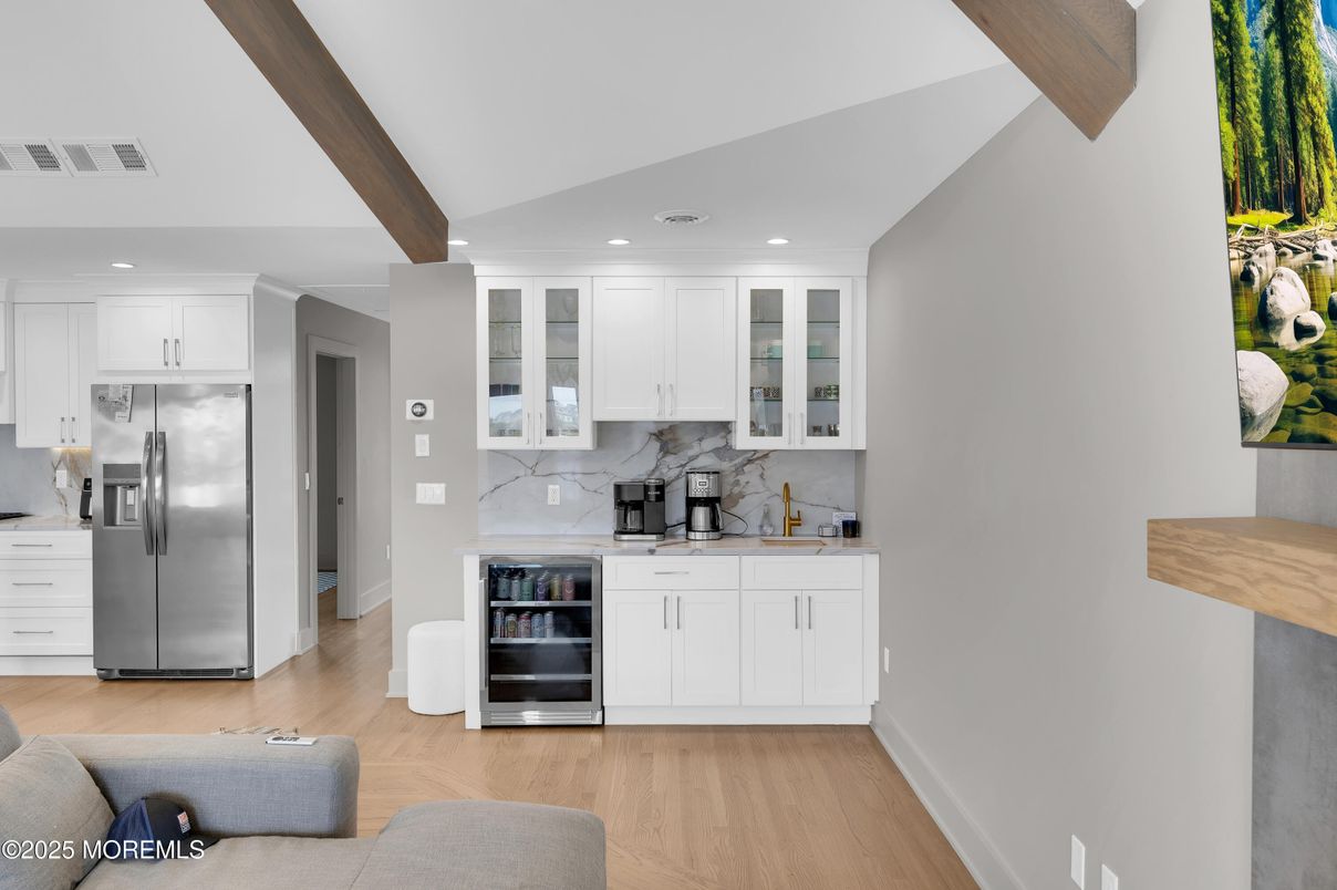 Interior, Kitchen, Recessed Lighting, Stainless Steel Appliances, Wooden Beams, Wood Texture Flooring