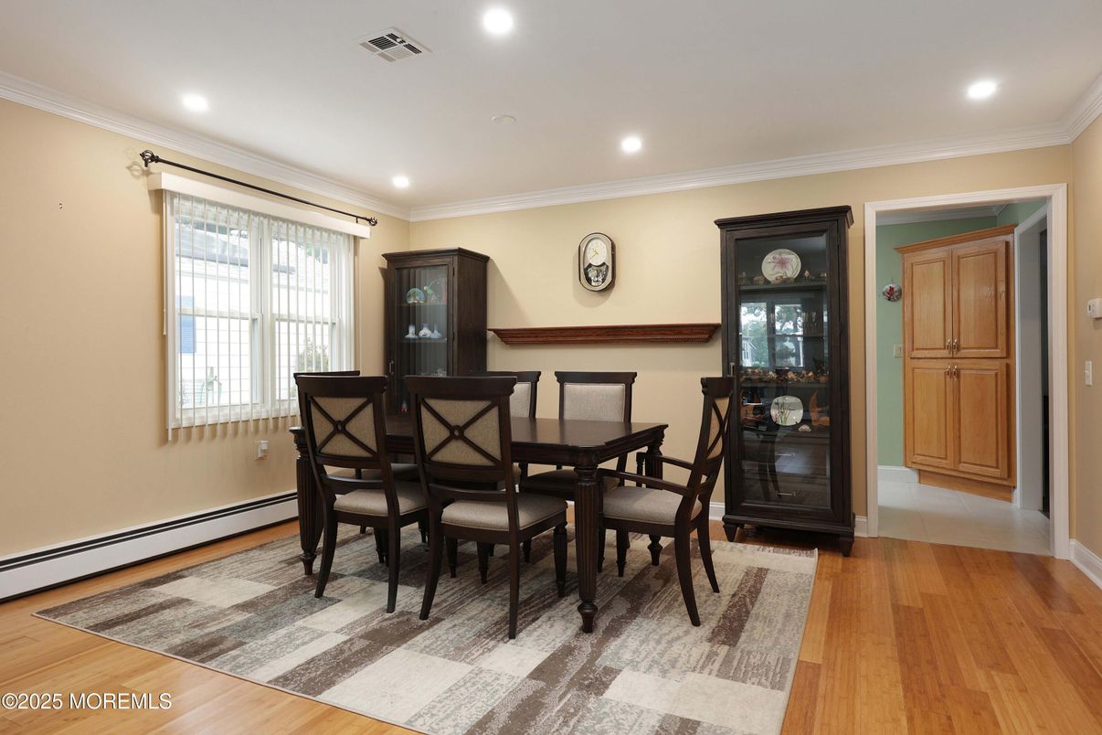 Dining room, Interior, Recessed Lighting, Wood Texture Flooring