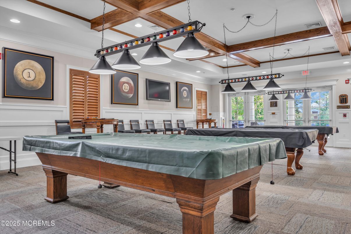 Billiard Table, Game Room, Interior, Pendant Lights, Recessed Lighting, Wooden Beams
