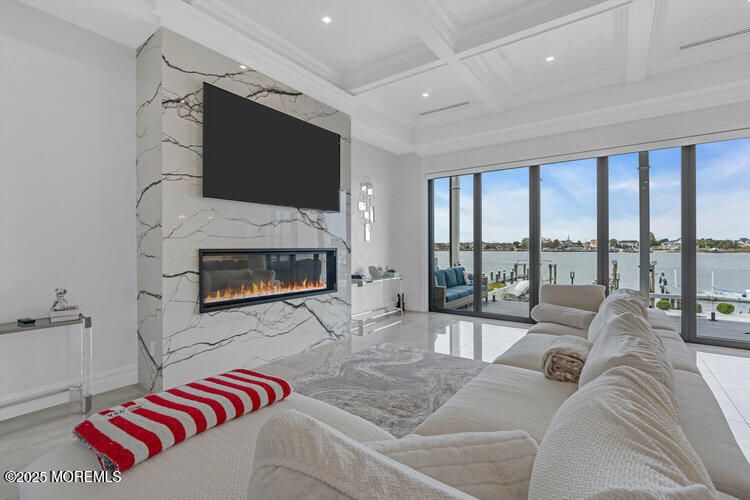 Fireplace, Interior, Living room, Marble Walls, Recessed Lighting, Water