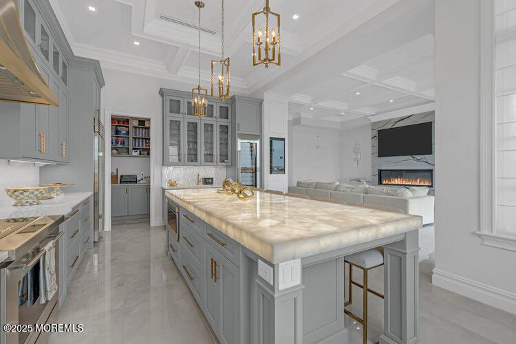 Fireplace, Interior, Kitchen, Living room, Pendant Lights, Recessed Lighting