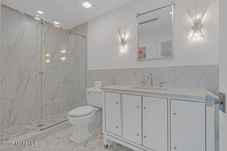 Bathroom, Glass Shower, Interior, Marble, Marble Walls, Recessed Lighting
