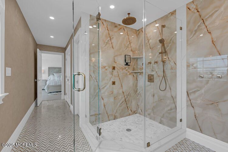 Bathroom, Glass Shower, Interior, Marble Walls, Recessed Lighting