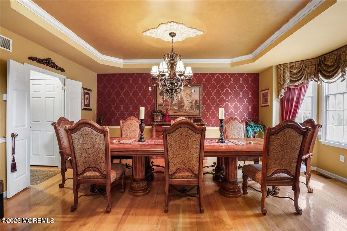 Chandelier, Dining room, Interior, Wood Texture Flooring