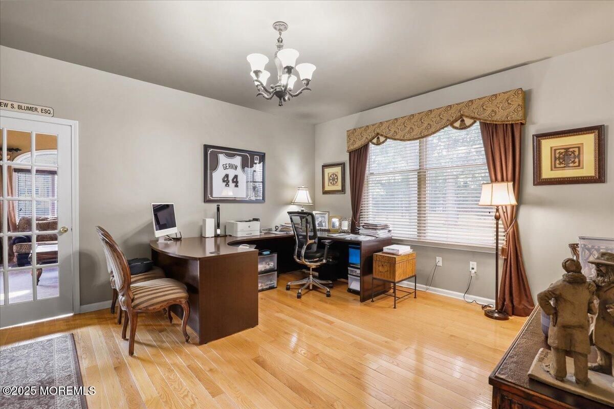 Chandelier, Home Office, Interior, Wood Texture Flooring