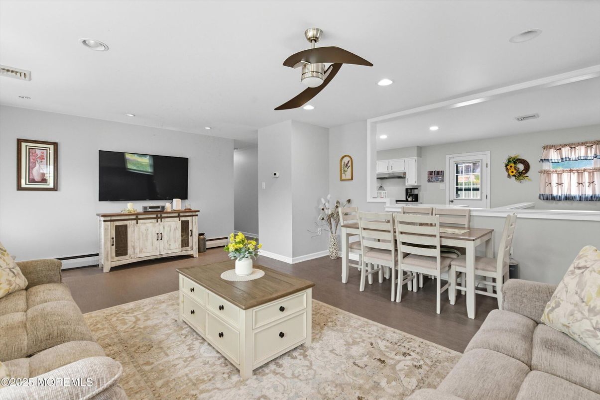 Dining room, Interior, Kitchen, Living room, Recessed Lighting, Wood Texture Flooring