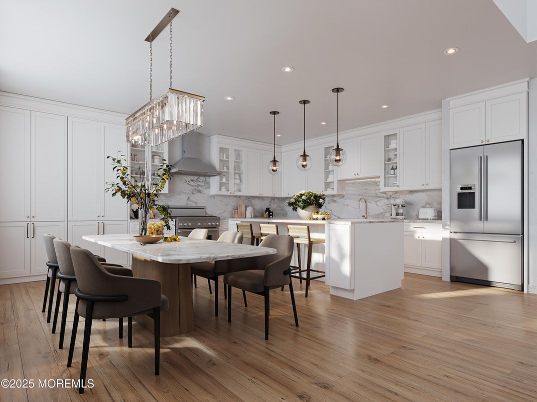 Chandelier, Dining room, Interior, Kitchen, Marble Walls, Pendant Lights, Recessed Lighting, Stainless Steel Appliances, Wood Texture Flooring