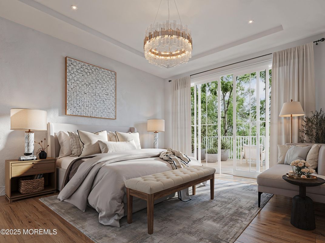 Bedroom, Chandelier, Interior, Recessed Lighting, Wood Texture Flooring