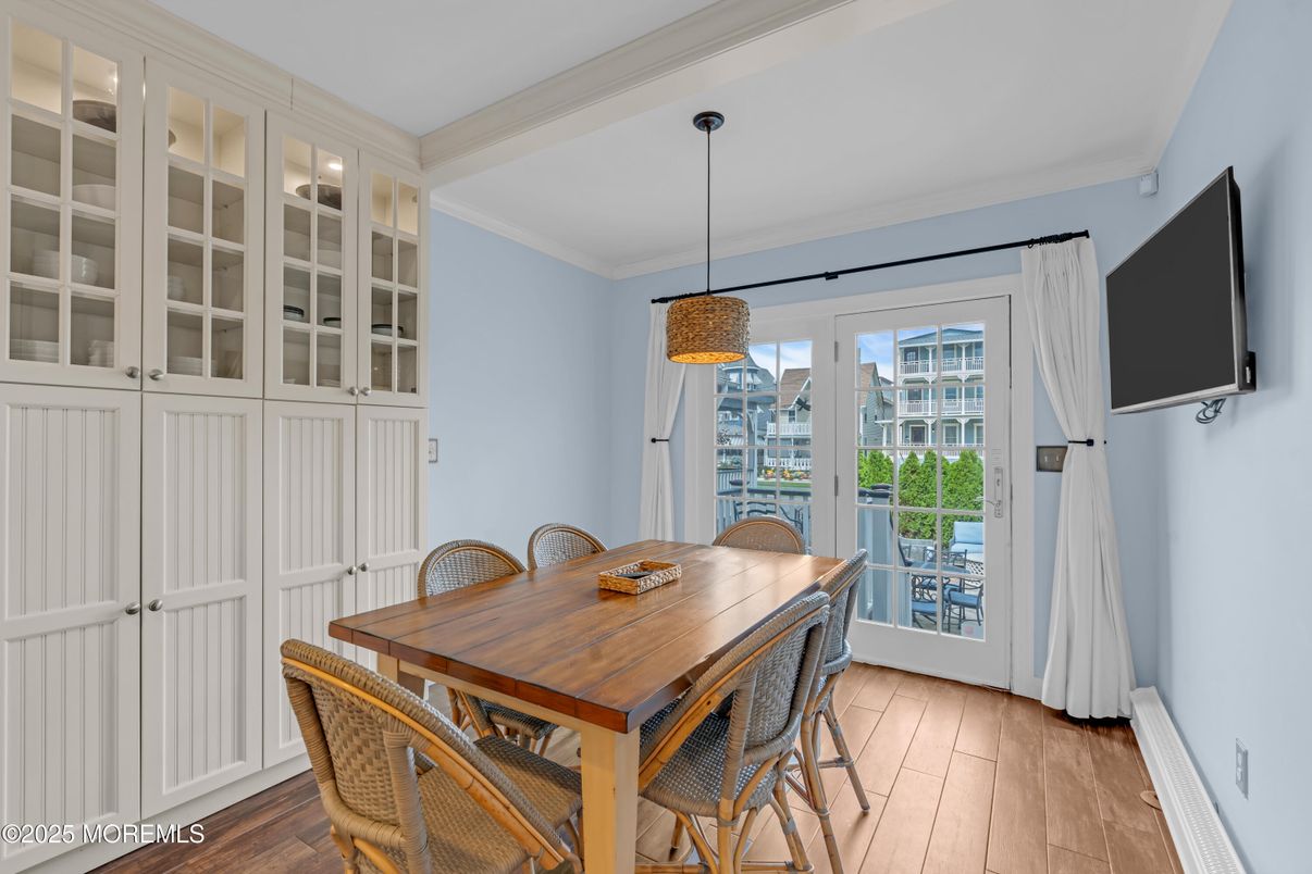 Dining room, Interior, Pendant Lights, Wood Texture Flooring