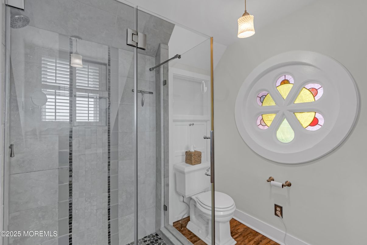 Bathroom, Glass Shower, Interior, Pendant Lights, Wood Texture Flooring