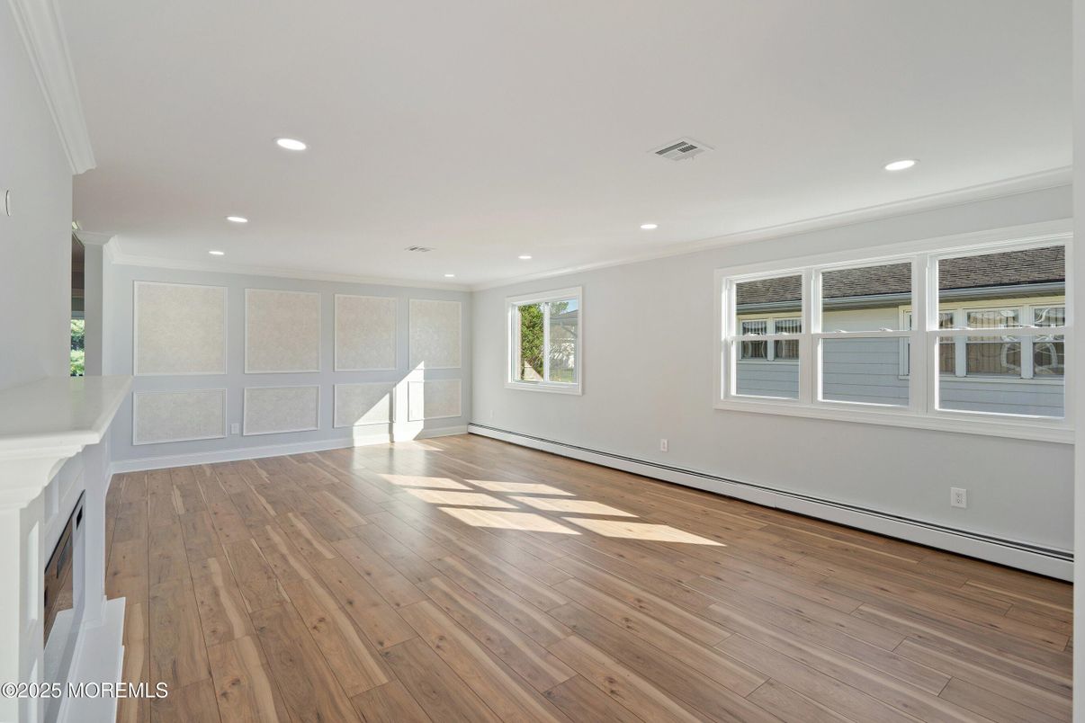 Empty room, Fireplace, Interior, Recessed Lighting, Wood Texture Flooring
