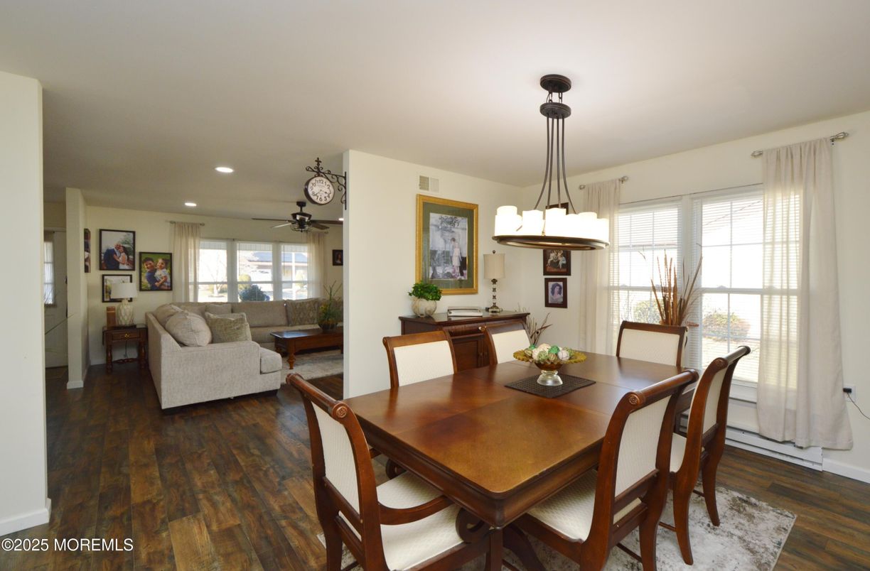 Dining room, Interior, Living room, Pendant Lights, Recessed Lighting, Wood Texture Flooring