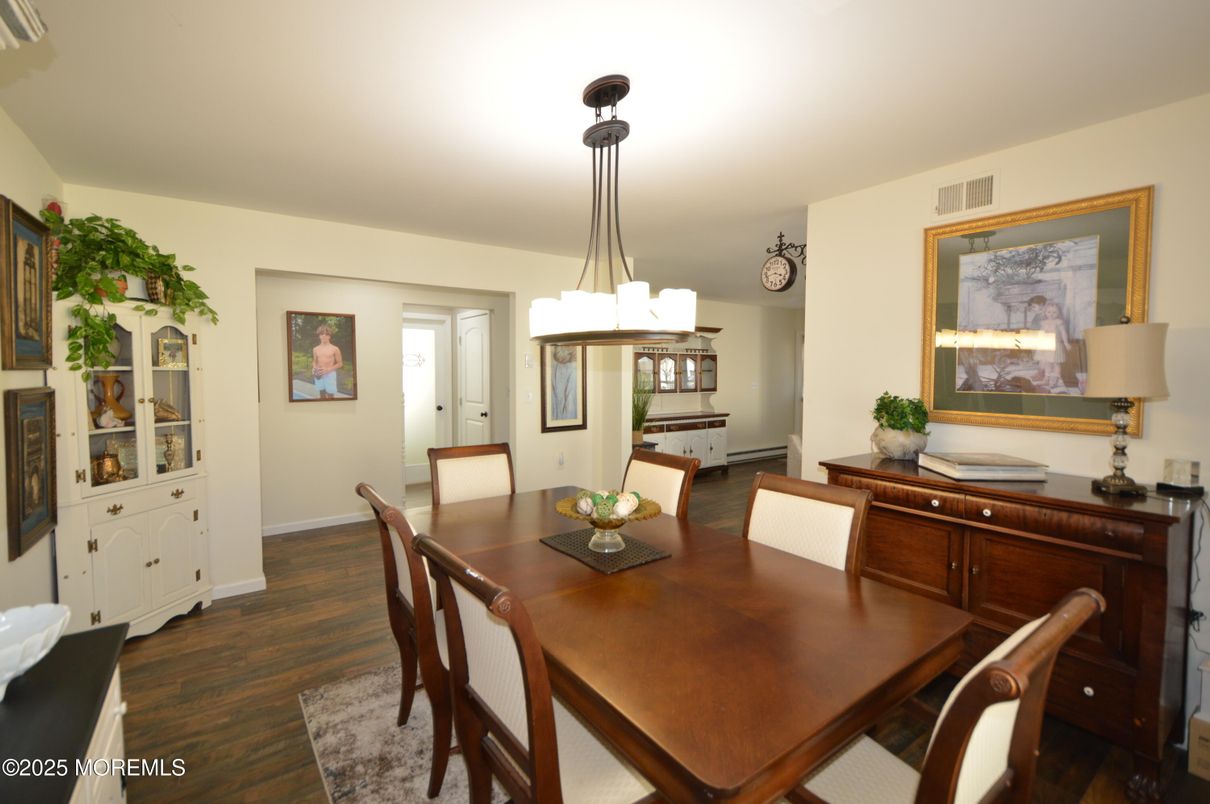 Chandelier, Dining room, Interior, Pendant Lights, Wood Texture Flooring