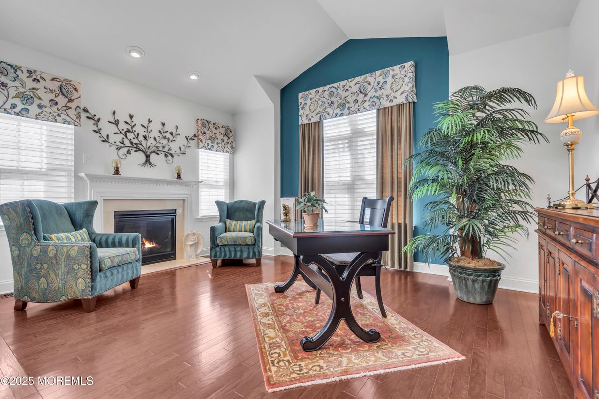 Fireplace, Home Office, Interior, Recessed Lighting, Wood Texture Flooring