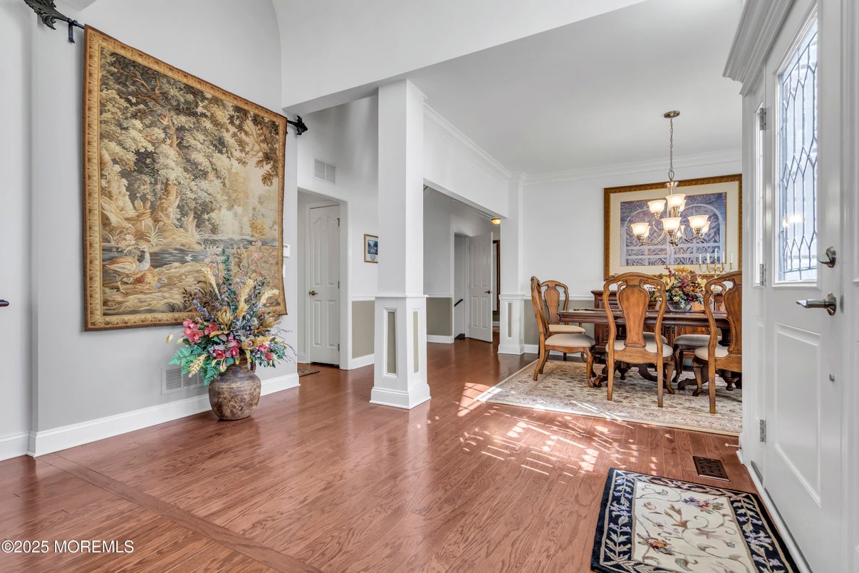 Chandelier, Dining room, Interior, Wood Texture Flooring